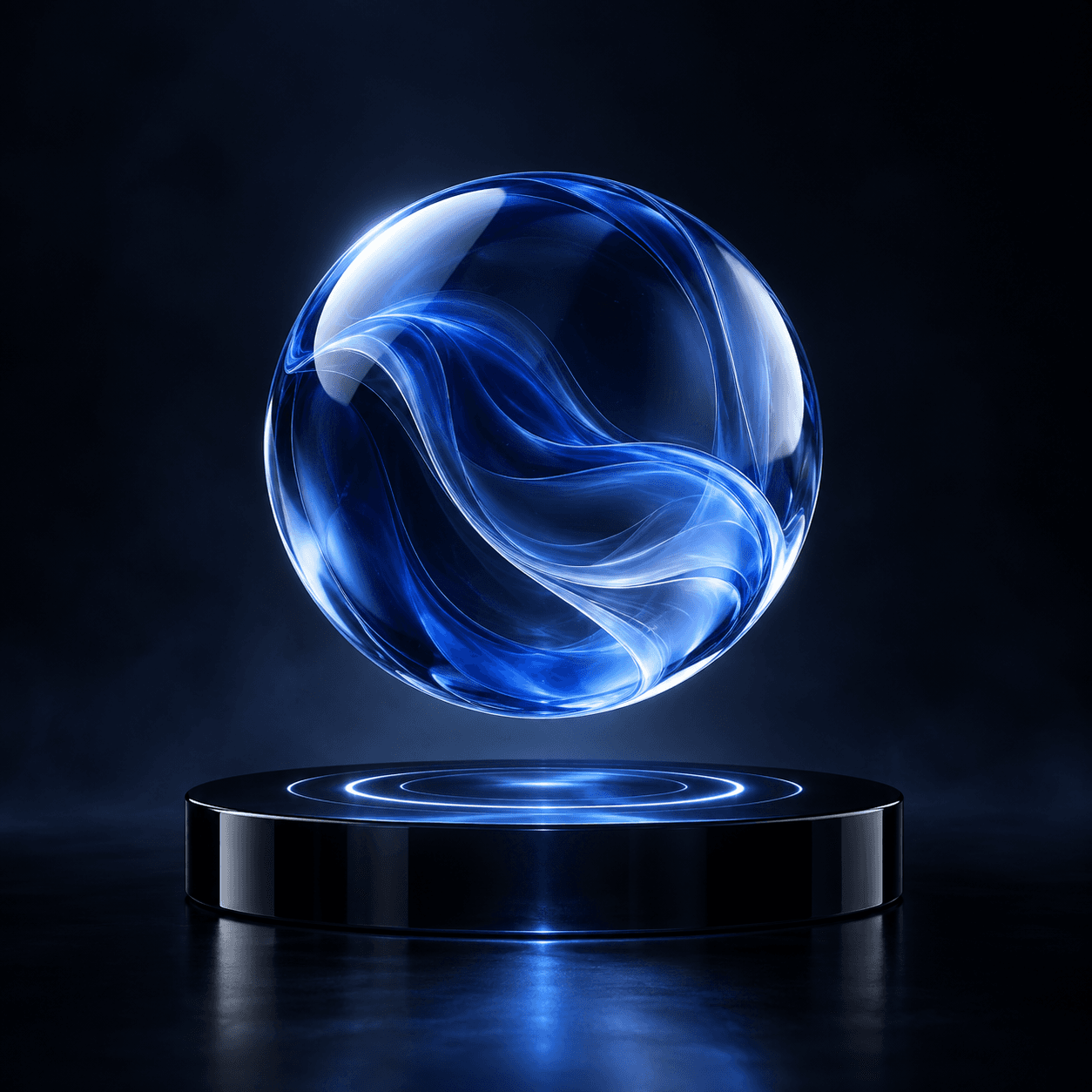 A luminous sapphire glass orb suspended over a black glass plinth.