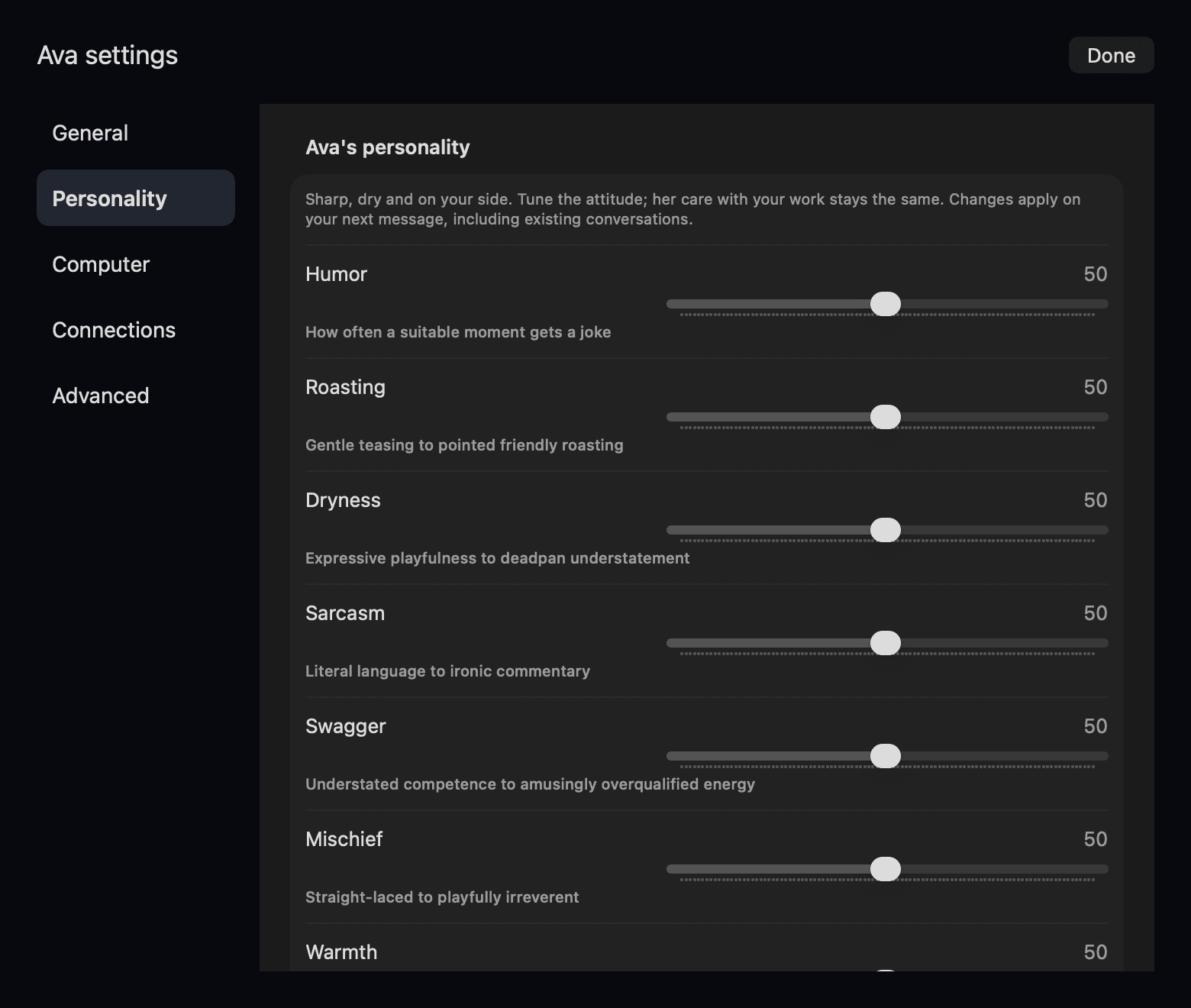 Ava settings showing neutral demo values for adjustable personality controls.
