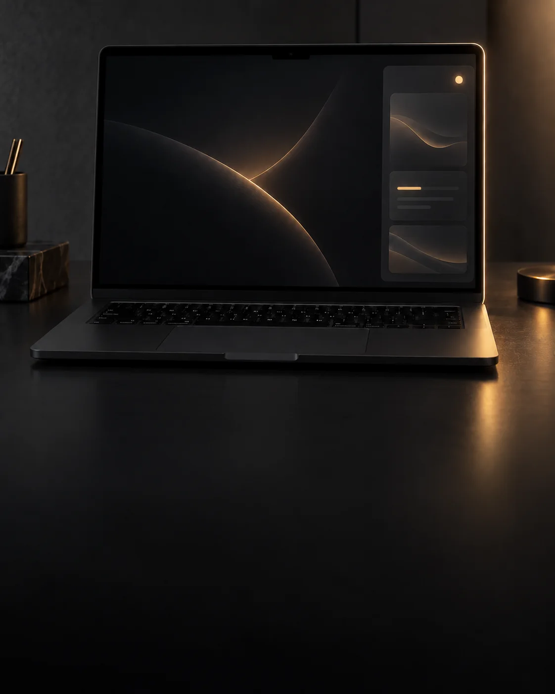 A dark MacBook showing an illustrated gold-accented Ava side panel.