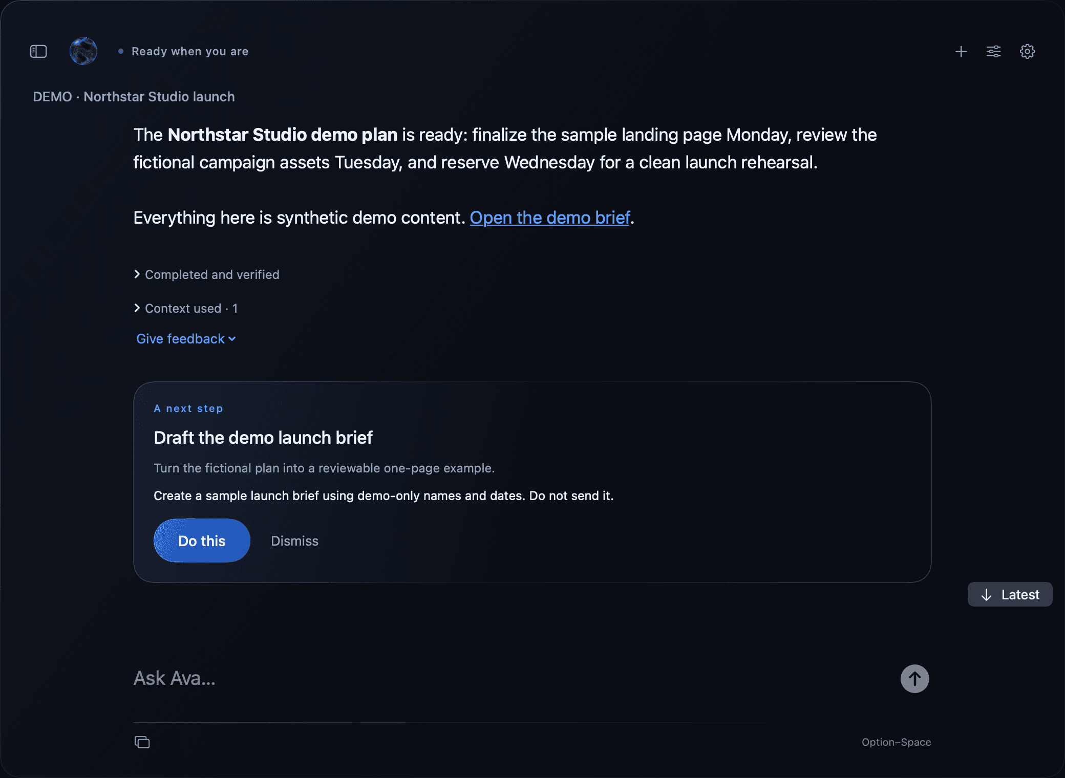 Ava's native Mac workspace showing a fictional Northstar Studio demo task, verified result, synthetic context, and a suggested next step.
