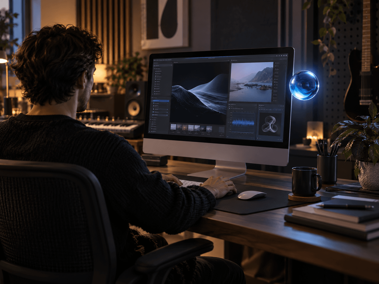A creator working at a desktop computer in a warm studio with Ava's sapphire orb nearby.