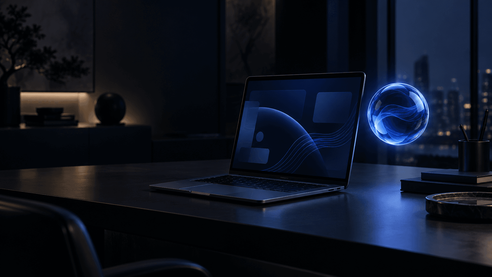 A dark creative workspace with a laptop and Ava's luminous sapphire orb.