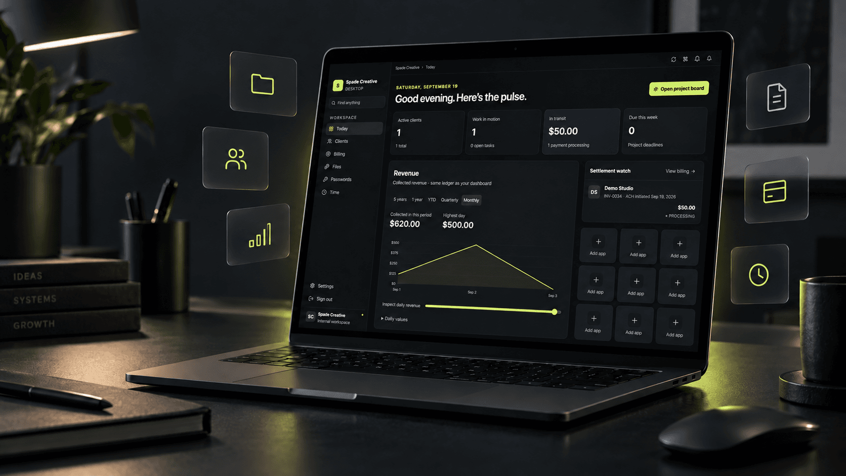 A space-black laptop displaying the Command Center dashboard in a dark studio.