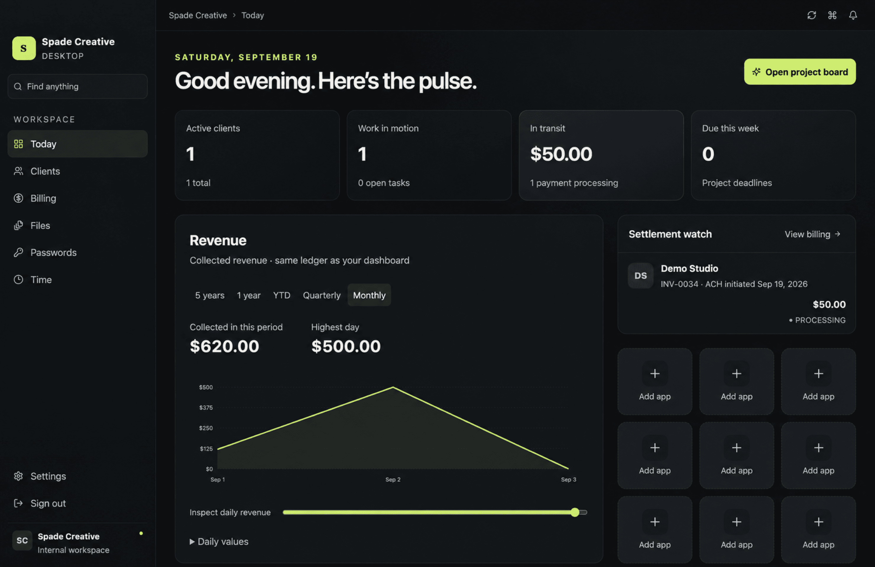 Command Center Today view with business metrics, revenue chart, settlement watch, and app shortcuts.
