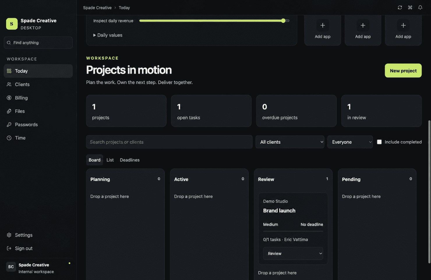 Command Center project portfolio showing active work in board and management views.