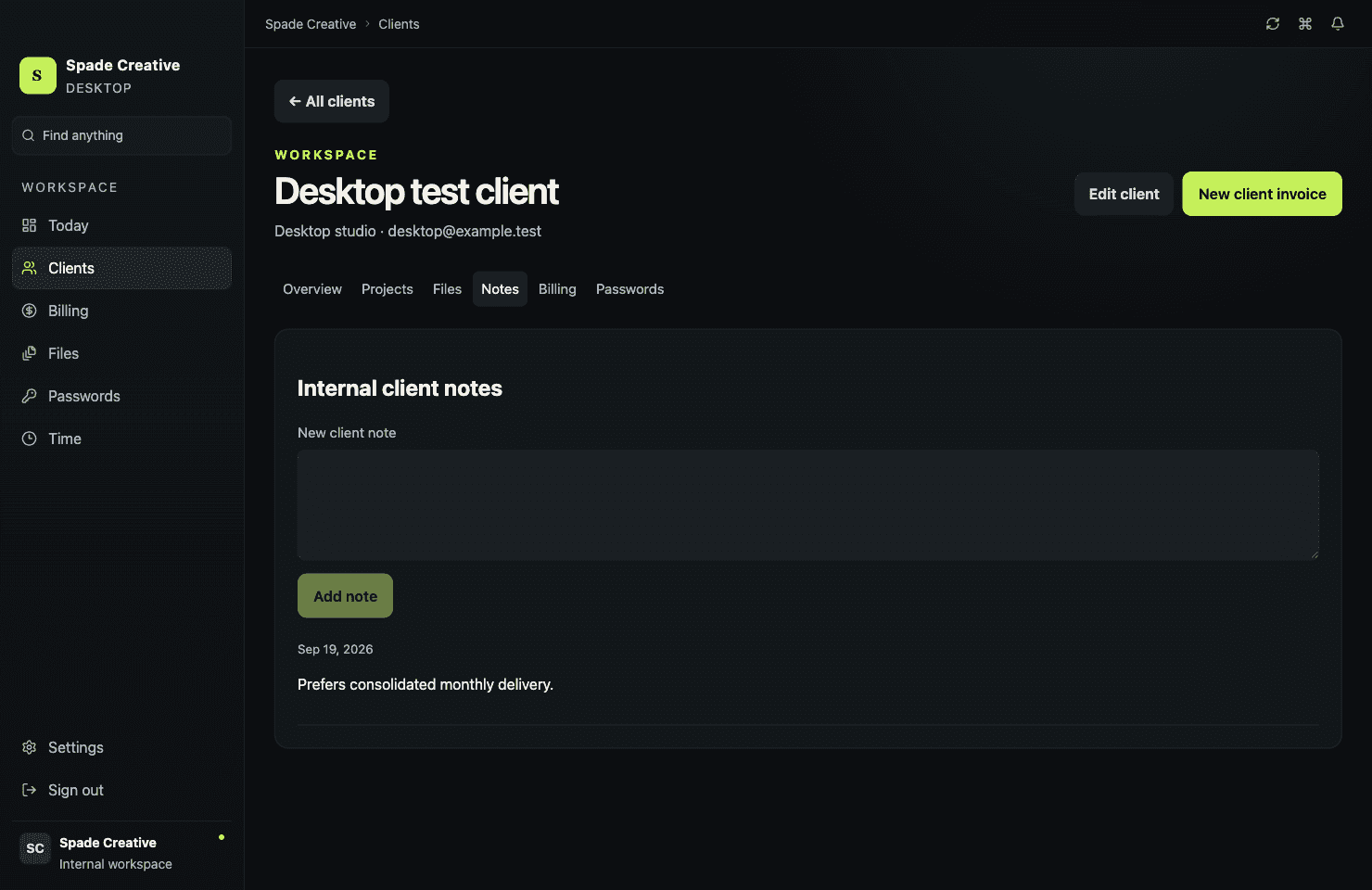 Command Center client workspace connecting profile, projects, files, notes, and billing.