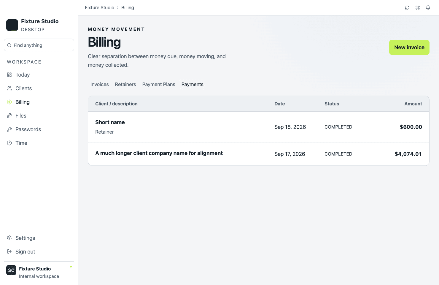 Command Center billing workspace with aligned ledgers and payment information.