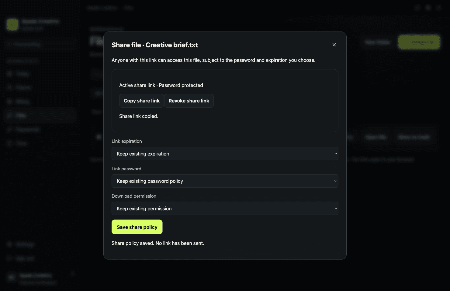 Command Center protected file-sharing controls for passwords, expiration, and access.
